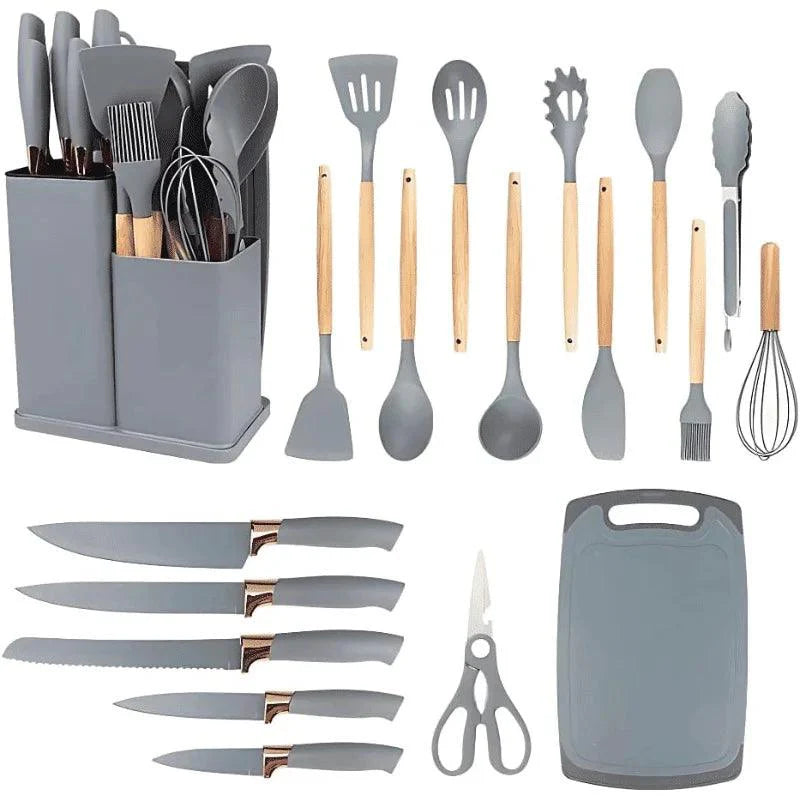 Kit 19 Peças Utensílios de Cozinha com Tábua — Silicone Premium, Não Risca e Resiste a Altas Temperaturas