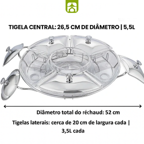 Rechaud Giratório Com 6 Compartimentos Aço Inox e Vidro 52cm
