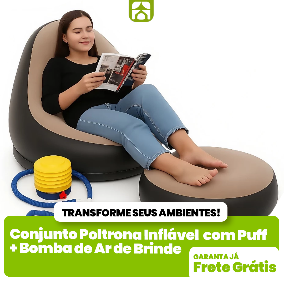 Conjunto Poltrona Inflável com Puff + Bomba de Ar Elétrica de Brinde