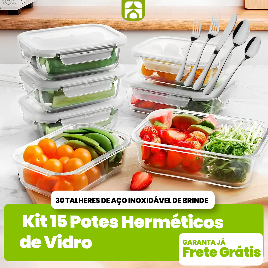 Kit 15 Potes Herméticos de Vidro + 30 Talheres de aço inoxidável de BRINDE