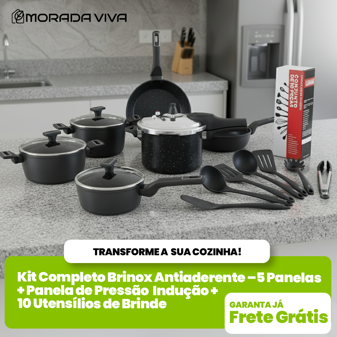 Kit Completo Antiaderente – 5 Panelas + Panela de Pressão Indução + 10 Utensílios de Brinde