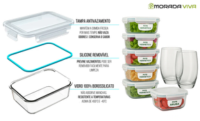 Kit 15 Potes Herméticos de Vidro + 10 Copos de Vidro Aruba de Brinde