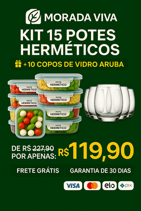 Kit 15 Potes Herméticos de Vidro + 10 Copos de Vidro Aruba de Brinde