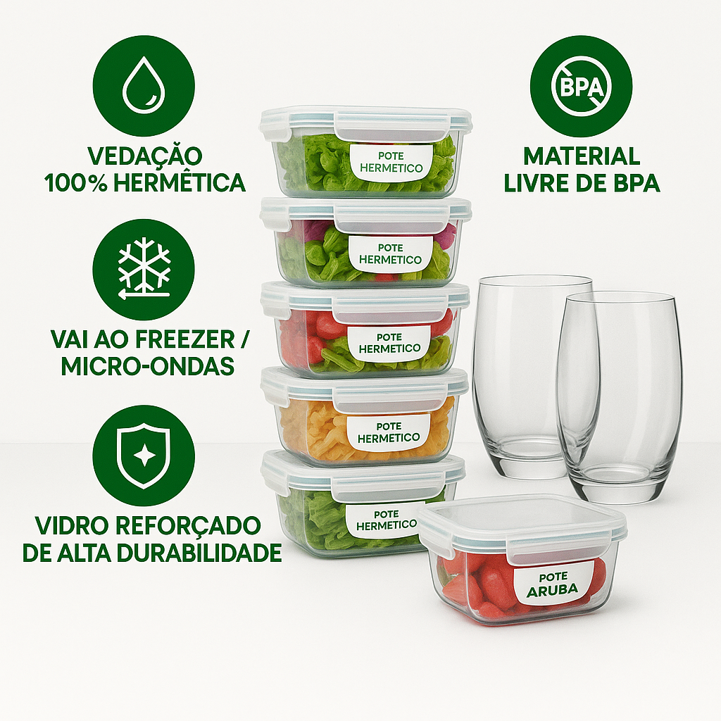 Kit 15 Potes Herméticos de Vidro + 10 Copos de Vidro Aruba de Brinde