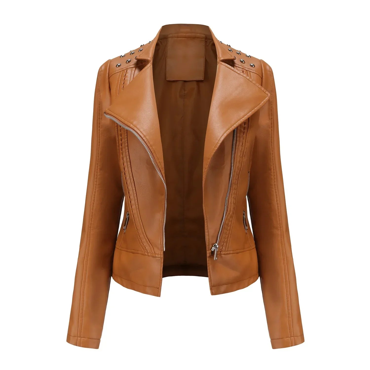 Jaqueta Feminina Slim Estilo Biker com Gola Dobrável e Detalhes Retrô - (Promoção de Inverno 2025)