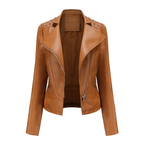 Jaqueta Feminina Slim Estilo Biker com Gola Dobrável e Detalhes Retrô - (Promoção de Inverno 2025)