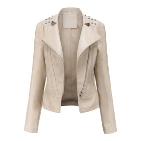 Jaqueta Feminina Slim Estilo Biker com Gola Dobrável e Detalhes Retrô - (Promoção de Inverno 2025)