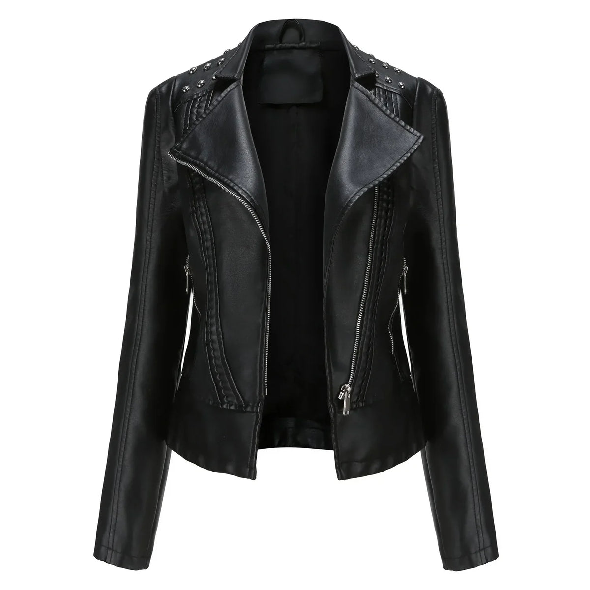 Jaqueta Feminina Slim Estilo Biker com Gola Dobrável e Detalhes Retrô - (Promoção de Inverno 2025)