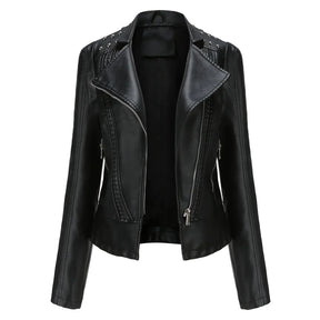 Jaqueta Feminina Slim Estilo Biker com Gola Dobrável e Detalhes Retrô - (Promoção de Inverno 2025)