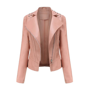 Jaqueta Feminina Slim Estilo Biker com Gola Dobrável e Detalhes Retrô - (Promoção de Inverno 2025)