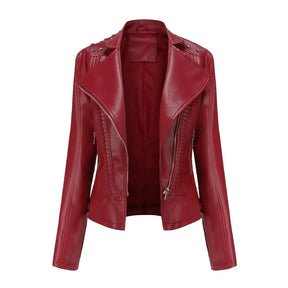 Jaqueta Feminina Slim Estilo Biker com Gola Dobrável e Detalhes Retrô - (Promoção de Inverno 2025)