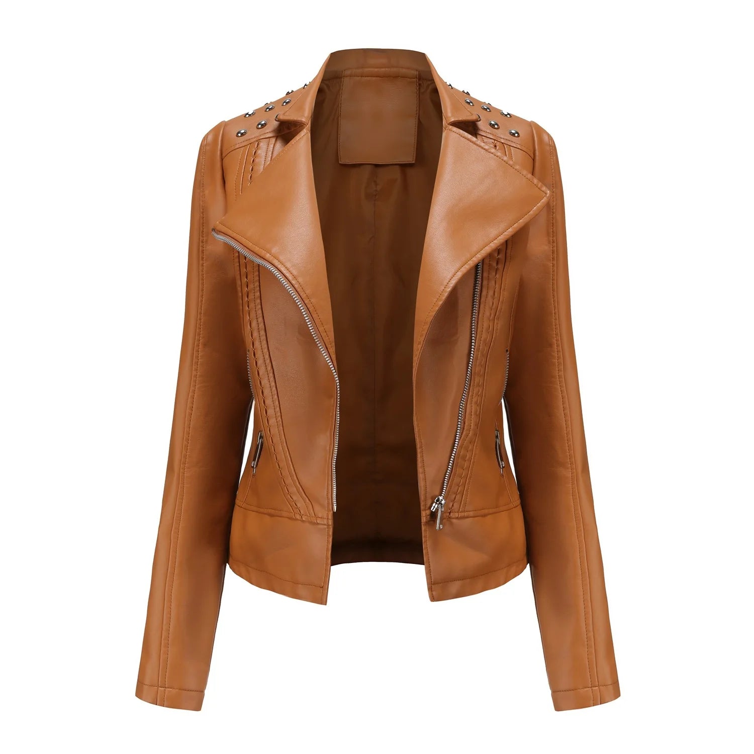 Jaqueta Feminina Slim Estilo Biker com Gola Dobrável e Detalhes Retrô - (Promoção de Inverno 2025)
