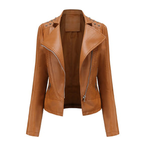 Jaqueta Feminina Slim Estilo Biker com Gola Dobrável e Detalhes Retrô - (Promoção de Inverno 2025)